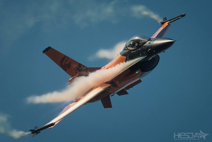 Friday training of the Dutch F-16 jet, with spectacular vortices around the airframe. Aug. 23rd 2013, 6.18 PM.